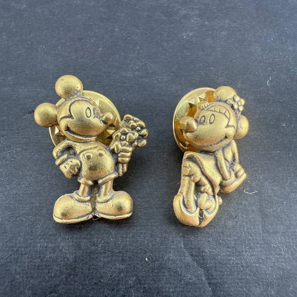 Mickey & Minnie Mouse Disney Gold Pin 1" Pin Pair - Picture 1 of 5